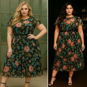 Mac Duggal Floral Illusion Cap Sleeve Midi Dress Black Multi Sheer NWT Size 24